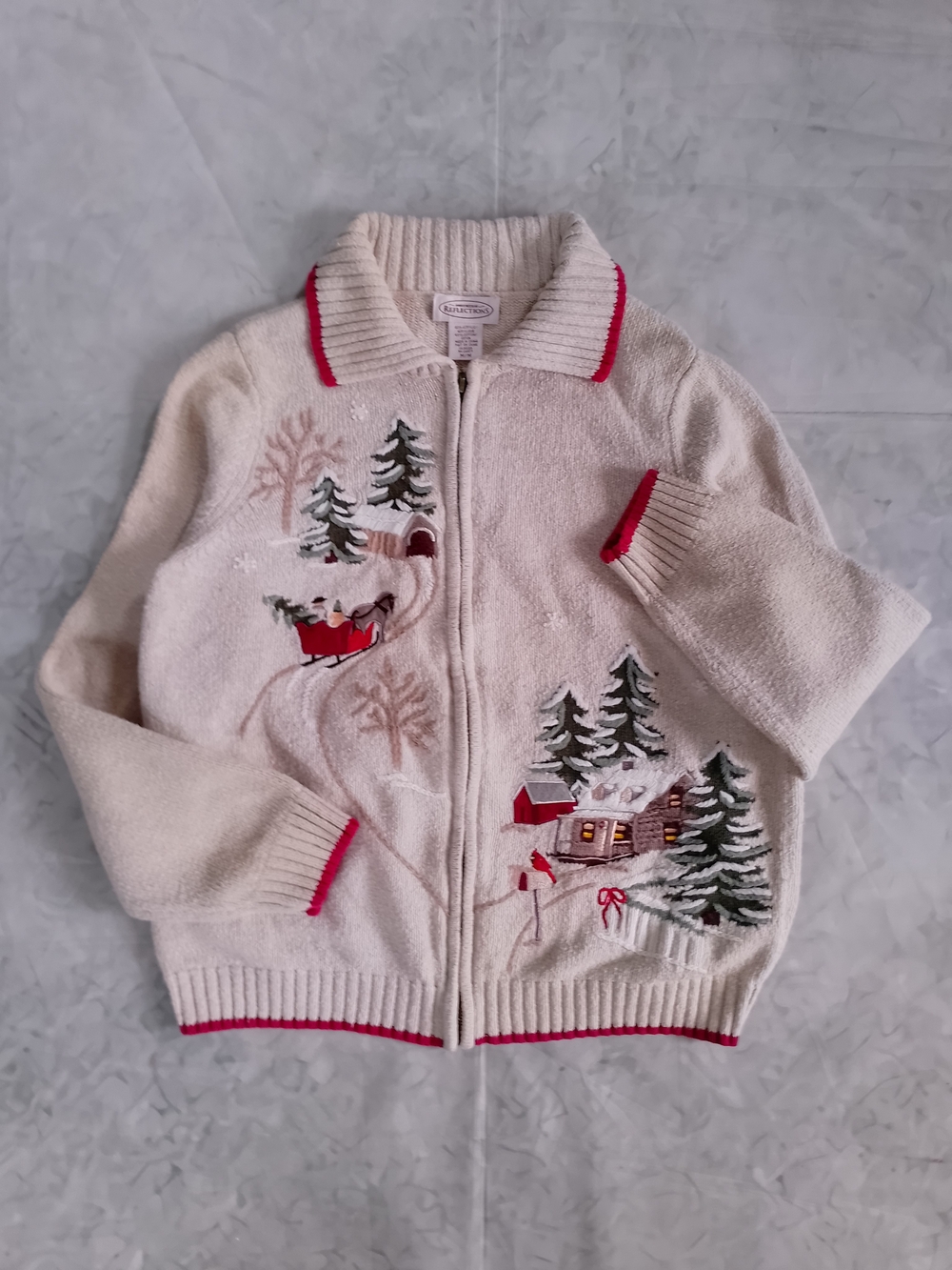 Vintage Cozy Cream Winter Scene Zip-Front Sweater Winterscape - Picture 6 of 10
